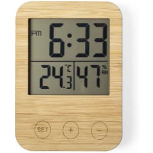 A bamboo-framed weather station with a digital display showing time, temperature, and humidity levels.