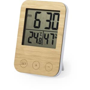 A digital weather station with a bamboo finish, displaying time, temperature, and humidity levels.