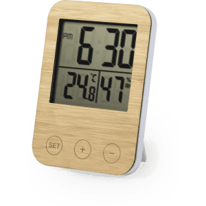 A digital weather station with a bamboo finish, displaying time, temperature, and humidity. It has a minimalist design.