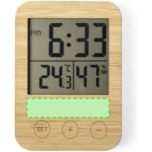 A bamboo-style weather station displaying time, temperature, and humidity levels. It features a logo on the design.
