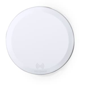 A round white wireless charger with a smooth surface and a branding logo at the base.