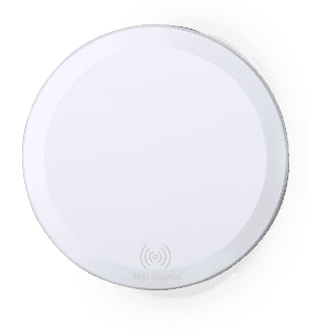 A round white wireless charger with a smooth surface and a branding logo, suitable for fast charging devices.