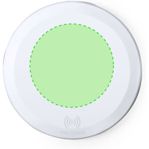 A wireless charger in white with a circular green charging area and a subtle logo at the bottom.