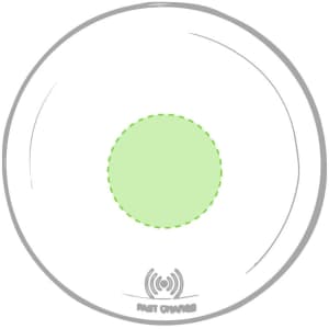 A round wireless charger in white with a green charging area and a logo at the bottom.