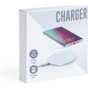 A wireless charger in a white box featuring a colourful smartphone illustration. The box has a logo and details about fast charging.