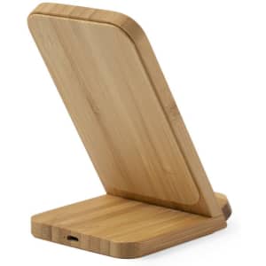 A wireless charger with a sleek bamboo design, featuring a smooth, wooden finish and a simple stand.