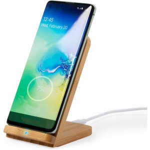 A wireless charger with a bamboo stand, featuring a smartphone displaying a battery icon and a charging indicator.