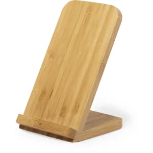 A wireless charger made of bamboo with a sleek, upright design, featuring a minimalist aesthetic.