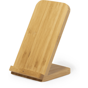 A wireless charger with a sleek bamboo design, featuring a stand for easy viewing. It has a logo on the front.