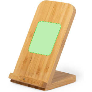 A wireless charger made of bamboo features a sleek, upright design with a green charging area.