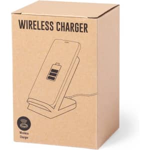 A wireless charger in a brown cardboard box featuring a simple illustration of a phone and a battery icon.