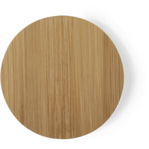 A circular wireless charger made of bamboo, featuring a smooth, textured surface and a subtle logo.