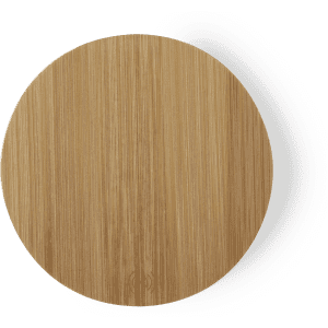A round, bamboo wireless charger with a sleek, natural finish and a subtle logo on the surface.