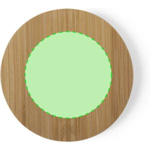 A wireless charger with a round bamboo design and a green charging indicator in the centre.