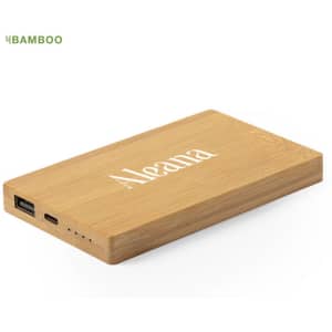 A wooden power bank in a rectangular shape, featuring multiple ports and a logo on the surface.