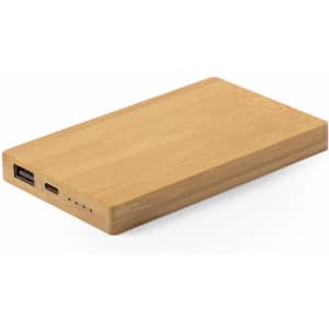 A bamboo power bank in a rectangular shape with USB and USB-C ports, featuring a logo on the surface.