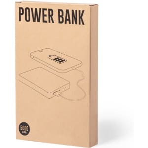 A power bank packaging in a brown box with black illustrations, featuring a 5000 mAh capacity.