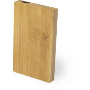 A bamboo power bank with a sleek rectangular design and a logo on the surface.