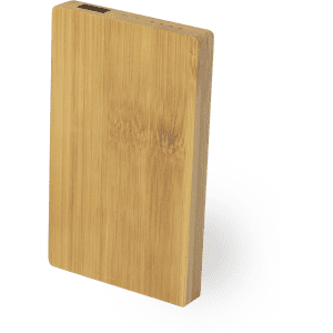 A bamboo power bank with a sleek, rectangular design. It features a logo on the side.