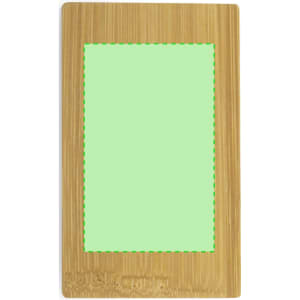 A bamboo power bank with a rectangular shape and a green area in the centre. Features a logo.