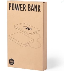 A brown cardboard box containing a graphic of a white power bank with a charging phone, labelled as 5000 mAh.