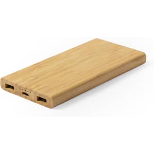 A bamboo power bank featuring multiple USB ports and a sleek, rectangular design.