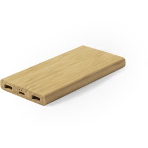 A bamboo power bank featuring multiple ports and a sleek, minimalist design.