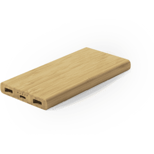 A bamboo power bank featuring two USB ports and a sleek, minimalist design. It has a logo on the surface.