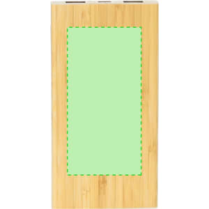 A bamboo power bank with a green accent panel and a logo, designed for charging devices.