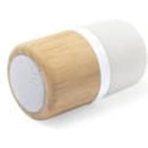 A Bluetooth speaker with a cylindrical design, featuring a bamboo and white finish, and a logo on the base.