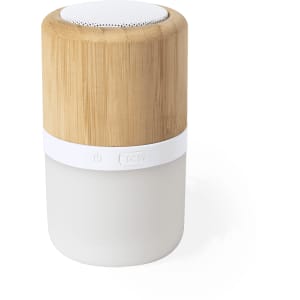 A bamboo and white speaker with a rounded, frosted base and a mesh top. It features a logo on the side.