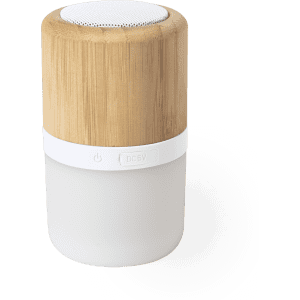 A speaker with a bamboo top and a white base, featuring a round speaker grille and a power button.