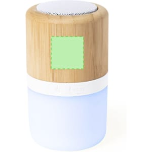A bamboo speaker with a white base, featuring a top grille and a soft glow light at the bottom.