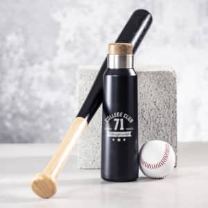 A drink bottle in matte black with a wooden lid, positioned next to a baseball bat and a baseball.