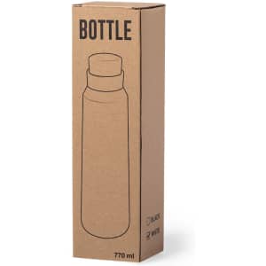 A drink bottle in a plain cardboard box, featuring a design outline. The bottle is available in black and white.