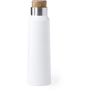 A drink bottle in white with a cork and stainless steel lid, featuring a simple and sleek design.