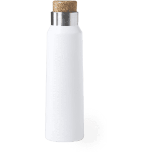 A drink bottle in white with a cork top and stainless steel accent. It features a simple, modern design.