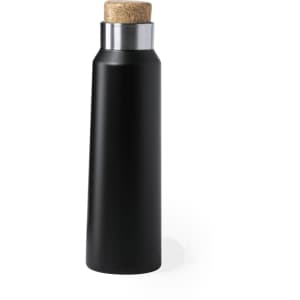 A drink bottle with a matte black finish, featuring a metal rim and cork stopper. It also has a logo.