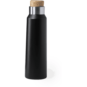 A drink bottle in matte black with a cork and metal cap, featuring a sleek, modern design and a small logo.