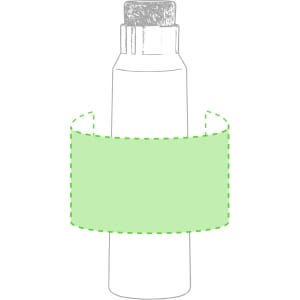 A drink bottle in white with a green band around its middle and a silver lid. The bottle features a logo.
