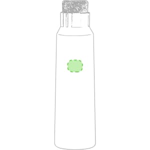 A drink bottle in a sleek design with a cork lid and a logo in green, featuring a smooth finish.