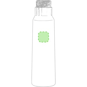 A drink bottle with a silver cap, featuring an empty green rectangular area on a white body. It has a logo.