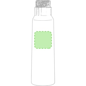 A drink bottle in a sleek design with a silver cap and a green square for branding or customisation.