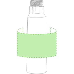 A drink bottle featuring a grey body and a silver cap, with an empty green label wrapped around it.
