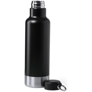 A drink bottle with a sleek black matte finish and a stainless steel base, featuring a removable cap and a logo.
