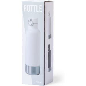 A drink bottle in a sleek design with a white body and grey base, packaged in a box featuring a logo.