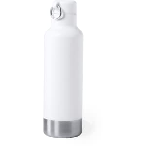A drink bottle in white with a stainless steel base and a metal ring on the cap. It has a sleek, modern design.