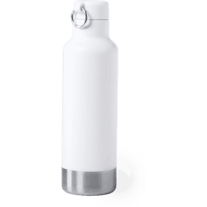 A drink bottle in white with a stainless steel bottom and a silver cap. It features a logo on the side.