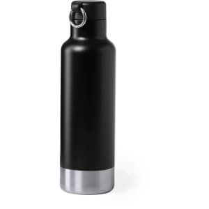 A drink bottle in matte black with a silver base and a metal loop for attachment. It features a sleek, modern design.