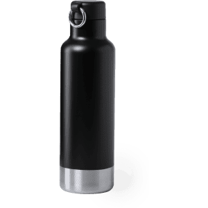 A drink bottle in matte black with a stainless steel base, featuring a silver ring for easy carrying.